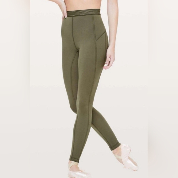 Lululemon Athletica Principal Dancer Leggings With Gold Trim- In Army Green - Picture 1 of 9
